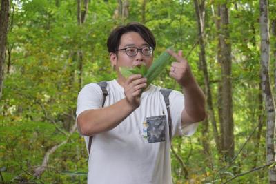 ブナの森で植物の葉をもって解説する様子