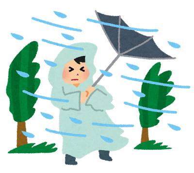 台風で傘が飛ばされそうな少年のイラスト